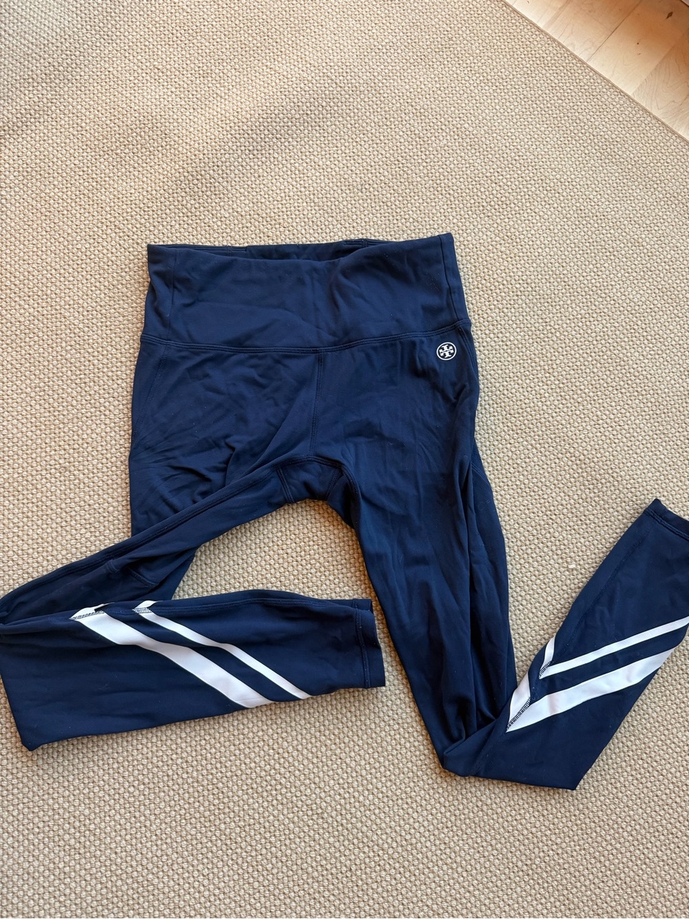 Tory Burch Navy Logo Stripe Active Leggings